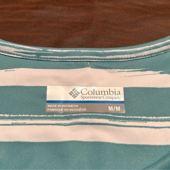 COLUMBIA Aqua Green & White Striped
Athletic Tee Shirt w/ Cut Out in Back Size M - Picture 6 of 8